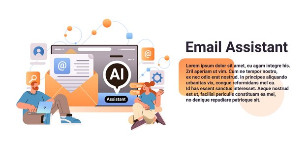 Geschäftsleute nutzen computer-app mit e-mail-assistent, ki-helfer-bot, internet-chatten, feedback-online-formular, gespräch mit kunden, konzept, horizontale kopienraum-vektorillustration