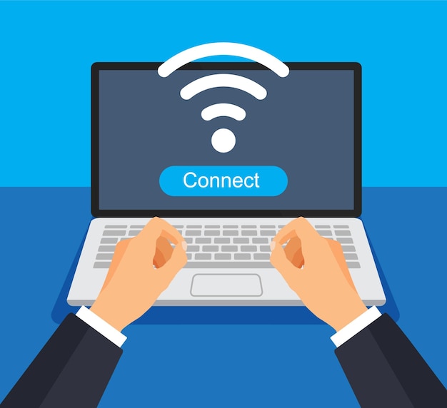 Geschäftsmann arbeitet am Computer und verbindet sich mit Wi-Fi. Wi-Fi-Signal auf einem Bildschirm. Internet-Konzept.