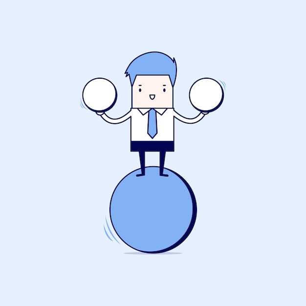 Geschäftsmann balanciert auf blauem Ball mit zwei Kugeln Cartoon Charakter dünner Linienstil Vektor