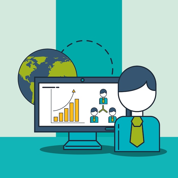 Geschäftsmann computer welt diagramm organisationsteam