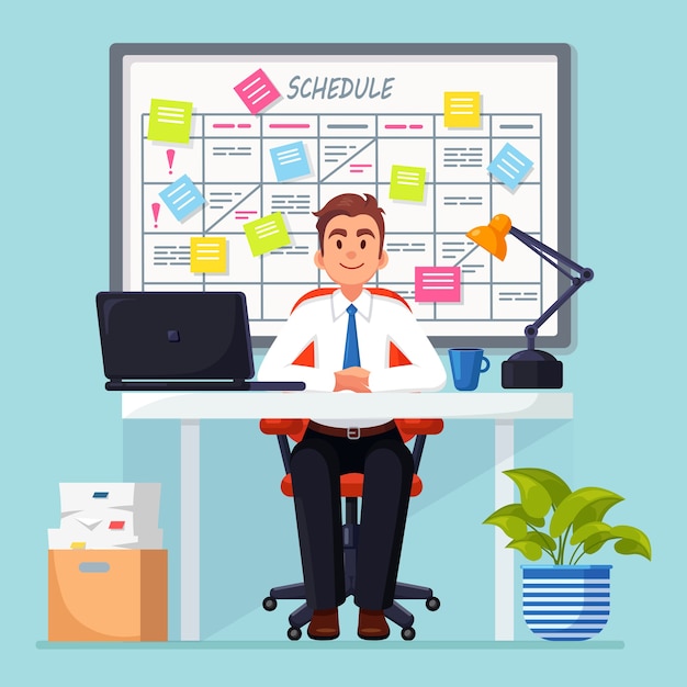 Geschäftsmann, der am Schreibtisch arbeitet Planungsplan auf Taskboard.