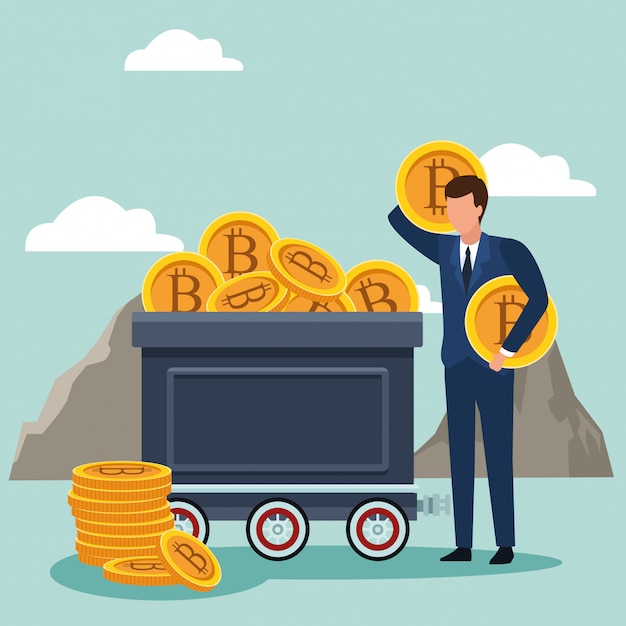 Geschäftsmann, der bitcoins von einem Troller herausnimmt
