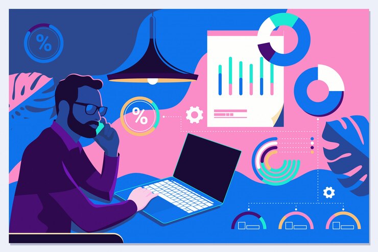 Geschäftsmann, der mit Diagrammen interagiert und Statistiken und Daten analysiert