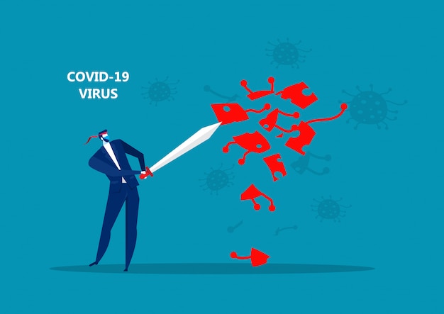 Geschäftsmann, der Schwert hält, um Covid 19 Corona Virus Illustration zu schützen