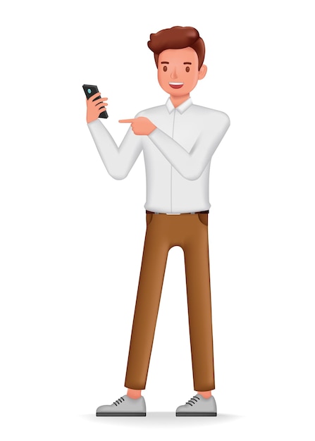 Geschäftsmann, der sein Smartphone-Charakterdesign 3d-Vektorillustration betrachtet