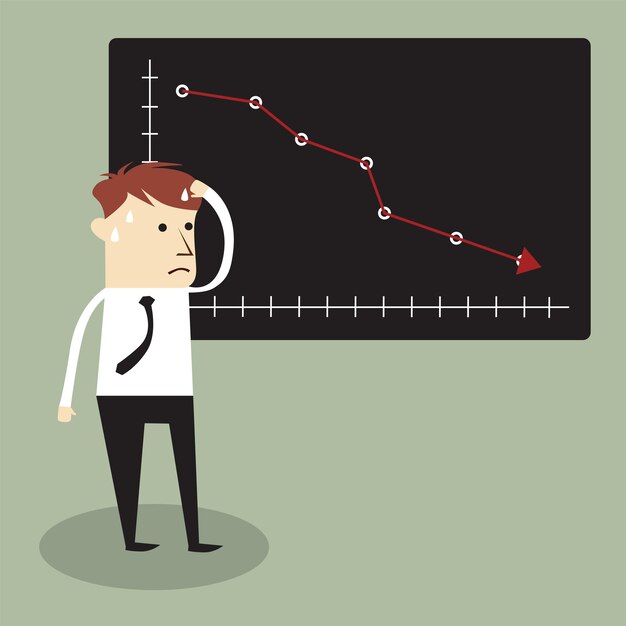 Geschäftsmann, der Statistikpfeildämmerung steht und schaut. Geschäftskrisenkonzept