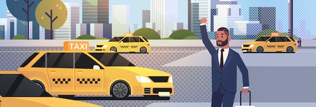 Geschäftsmann, der taxi auf dem straßengeschäftsmann des straßenamerikaners mit gepäck stoppt, das gelbes taxi-stadttransportdienstkonzept-stadtbildhintergrundporträt horizontal stoppt