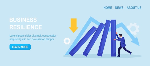 Geschäftsmann drängt auf fallende dominosteine, um die kettenreaktion zu stoppen. risikoschutz für unternehmenskrisenmanagement. unternehmer hilft, zusammenbrechende dominosteine zu stoppen. versicherung des unternehmens bei der lösung von problemen