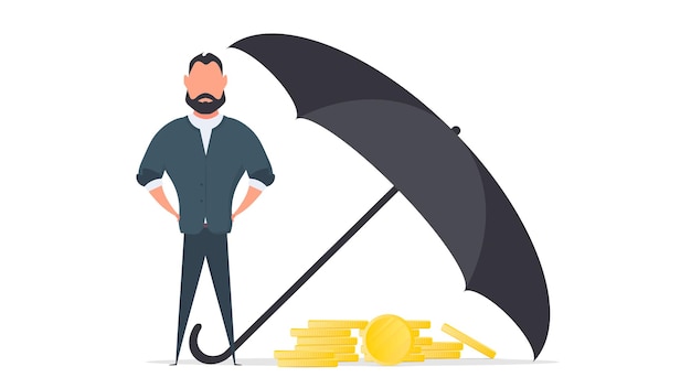 Geschäftsmann hält kapital. ein großer regenschirm schützt geld vor risiken und gefahren. office-konzept der kapitaleinsparung und investitionen. vektor.