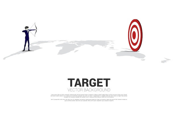 Geschäftsmann im Anzug schießt den Pfeil auf der Weltkarte Geschäftskonzept der Weltzielmission