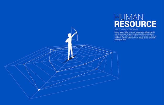 Geschäftsmann im Anzug schießt den Pfeil auf Spinnendiagramm Konzept der perfekten Rekrutierung Human Resource bringt den richtigen Mann auf den richtigen Job