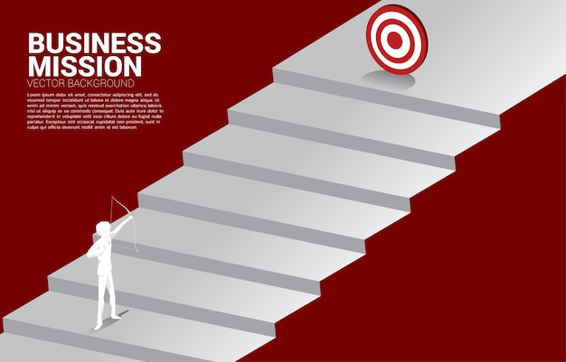 Geschäftsmann im anzug schießt den pfeil, um auf der stufentreppe zu zielen geschäftskonzept des marketingziels und des kunden