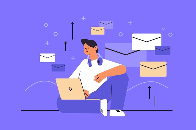 Geschäftsmann liest oder schreibt Briefe auf Laptop Mann kommuniziert auf Computer E-Mail-Messaging Mail-Konzept horizontale Vektorillustration in voller Länge