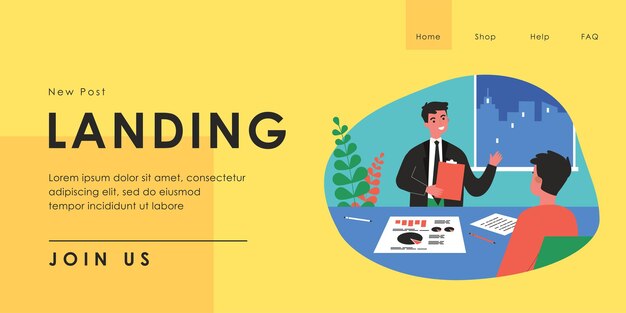Geschäftsmann mit Dokumenten im Gespräch mit Mann am Bürotisch. Personalmanager, der von der flachen Vektorillustration des Unternehmens erzählt. Vorstellungsgespräch, HR, Rekrutierungskonzept für Banner, Website-Design