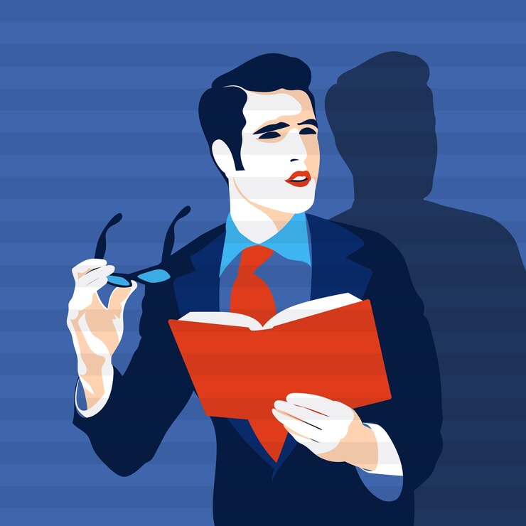 Geschäftsmann mit einem Buch auf einem blauen Hintergrund