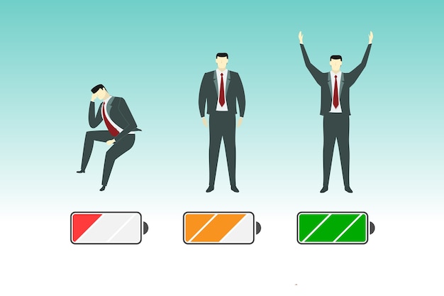 Vektor geschäftsmann mit energieleistungspegel der batterieikone
