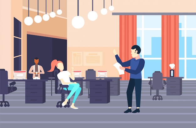 Geschäftsmann präsentiert Startup-Projekt Kollegen Geschäftsmann zeigt Bericht mit Präsentation des Arbeitsergebnisses Besprechungskonferenz modernes kooperierendes Büro Interieur horizontal in voller Länge