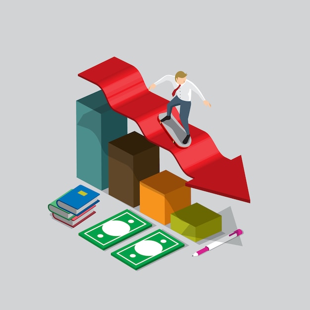 Geschäftsmann Skaten auf abnehmenden Diagramm isometrische