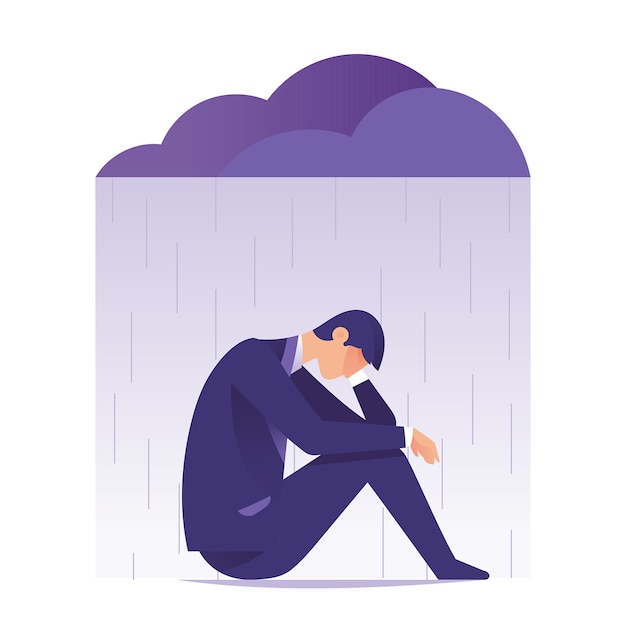 Geschäftsmann traurig und Depression sitzen unter Regen und Wolken