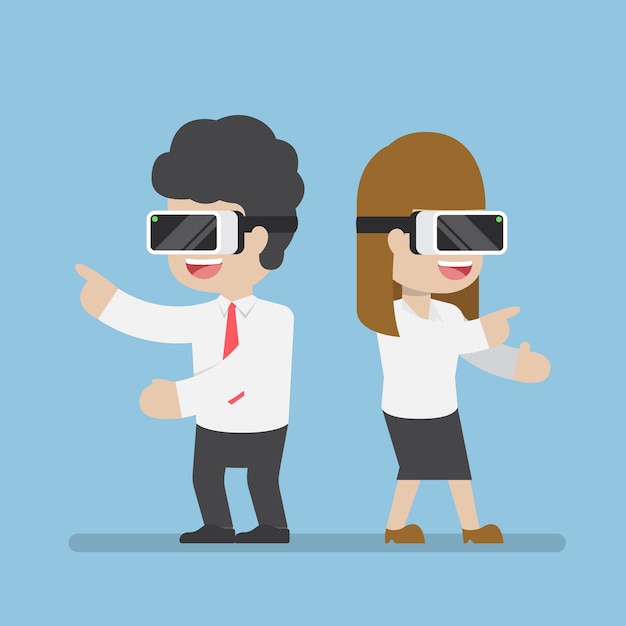 Geschäftsmann und frau spielen mit vr brille, geschäfts- und virtual-reality-technologiekonzept