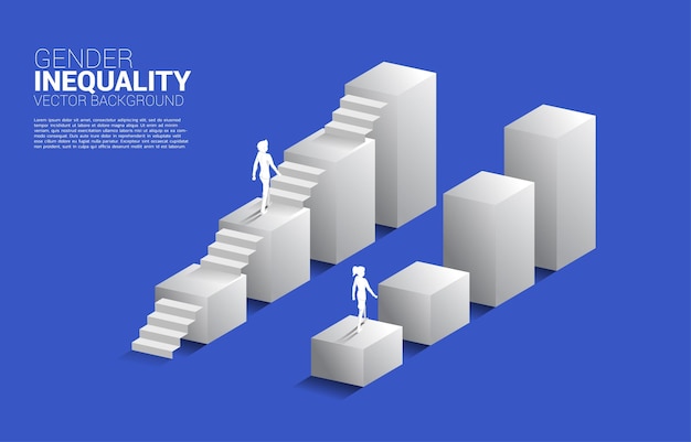 Geschäftsmann und Geschäftsfrau bewegen sich auf wachsendem Diagramm und dem einzigen Mann mit dem Treppenkonzept der Ungleichheit der Geschlechter in der Wirtschaft und des Hindernisses auf dem Karriereweg von Frauen