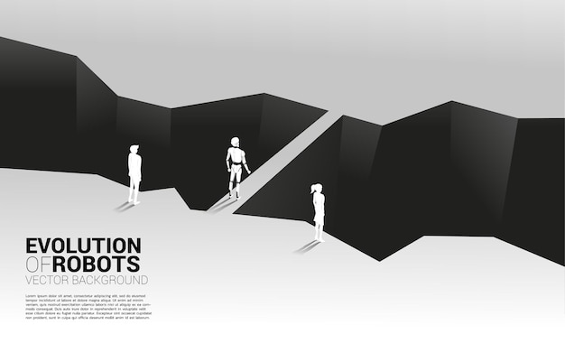 Geschäftsmann und roboter vor tal und der roboter mit der brücke. geschäftskonzept für maschinelles lernen und künstliche intelligenz. mensch gegen roboter.