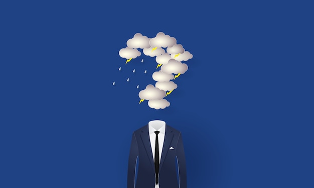 Geschäftsmann unter dem Fragezeichen formte Regenwolke und Beleuchtung, Konzeptinspirationsgeschäft, Papierschnitt