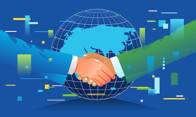 Geschäftsmann unternehmer handschlag in eine kooperationsvereinbarung mit digitalem globus und grafischem diagramm als hintergrund