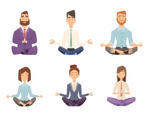 Geschäftsmann Yoga. Entspannende Meditation des Mannes und der Frau an der Arbeitsplatztisch-Karikaturillustration