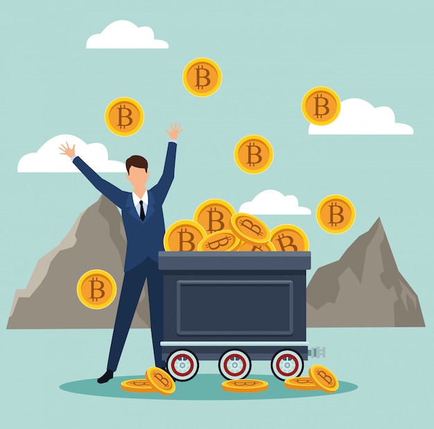 Geschäftsmannavatara, der Bitcoins von einem Troller herausnimmt