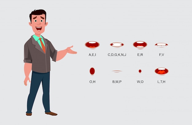 Geschäftsmanncharakter mit unterschiedlicher Lippensynchronisation für Ihr Design, Bewegung und Animation.