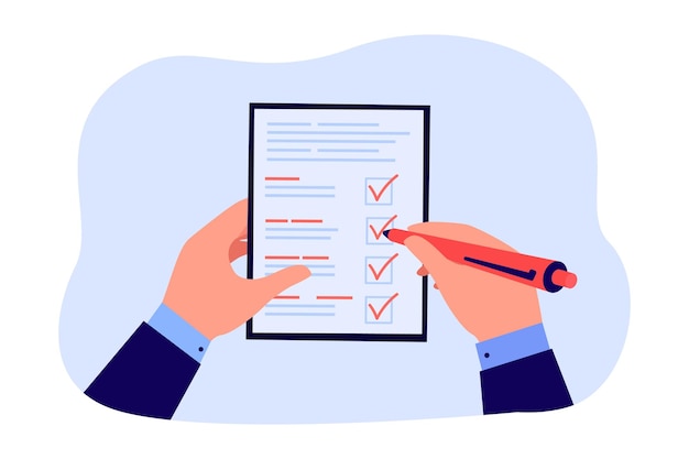 Geschäftsmannhände, die Dokument auf Klemmbrett und Stift halten. Mann, der die Businessplan-Checkliste mit Häkchen in der flachen Vektorillustration des Notizblocks bestätigt. Inspektion, Umfrage, Projekterinnerungskonzept