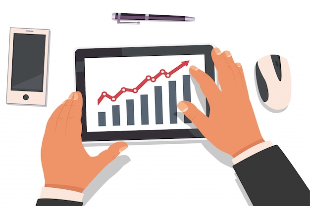 Geschäftsmannhände, die eine tablette halten und mit einem diagramm von marktanalysestatistiken arbeiten