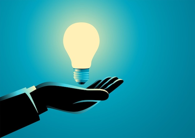 Geschäftsmannhand, die eine Glühbirnen-Innovationsidee und ein Inspirationskonzept hält
