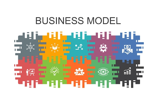 Geschäftsmodell-cartoon-vorlage mit flachen elementen. enthält symbole wie strategie, teamwork, marketing, lösung