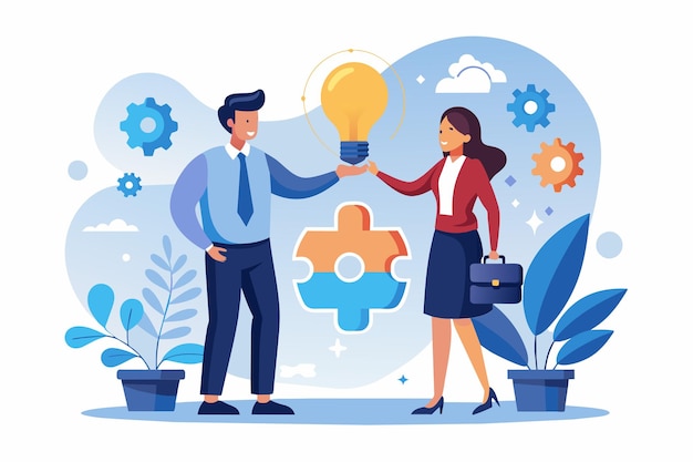 Geschäftspartner schütteln sich die Hand mit einer Glühbirne zwei Geschäftsleute suchen nach einer Lösung für ein Geschäftsproblem Einfache und minimalistische flache Vektorillustration