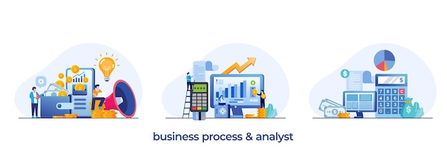 Geschäftsprozess- und analystenziel und ziel-geschäftsplan finanzmarketing-investitionen flacher illustrationsvektor