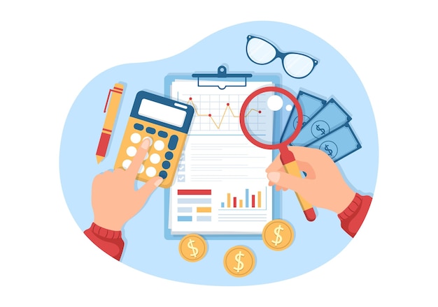 Geschäftsprüfung von dokumenten mit diagrammen und finanzberichtsanalysen in flacher cartoon-illustration