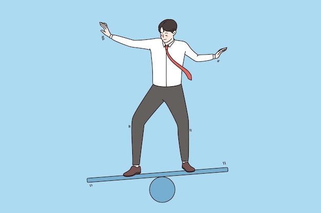 Geschäftsstrategie und Entwicklungskonzept. Junger lächelnder Geschäftsmann, der auf Schlittschuh steht und versucht, die Harmonie im Auge zu behalten, Vektorillustration