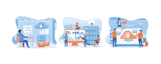 Geschäftstechnologie Speicher- und Cloud-Server-Dienst Entwicklerteam arbeitet an einem Dashboard-Monitor Informationsaustausch im Internet festgelegt Flachvektor moderne Illustration