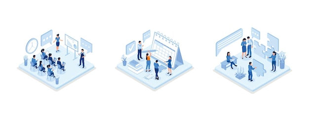 Geschäftstrainings- oder Kurskonzept, Planungsplan und Kalender, Teamwork-Erfolg mit Puzzle,