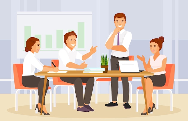 Geschäftstreffen im Büro. Diskussion und Brainstorming. Vektor-Illustration