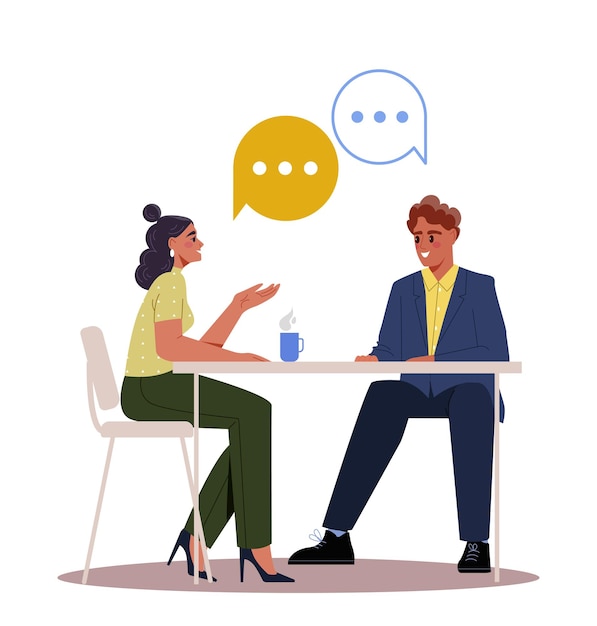 Geschäftstreffen-Konzept Mann und Frau sprechen über Arbeitsabläufe Junge Partner sitzen am Tisch Grafikelement für Website Cartoon flache Vektorillustration isoliert auf weißem Hintergrund