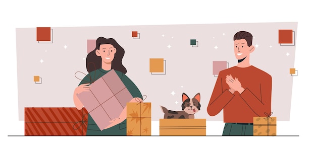 Geschenk Hund für Jungen Frau mit Geschenkbox geben Haustier Glück und Freundschaft entzückendes Welpe Haustier