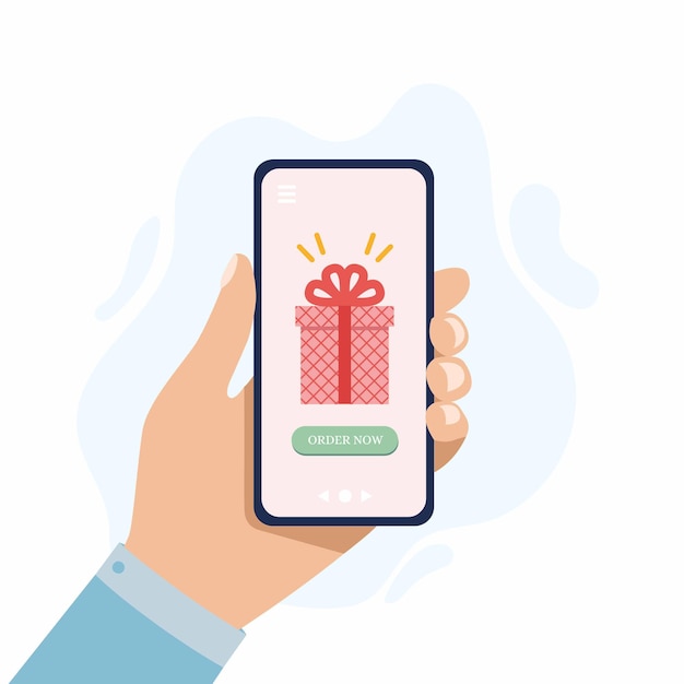 Geschenk-Online-Shopping-Konzept Geschenke online von zu Hause aus bestellen Riesige Geschenkbox auf dem Smartphone-Bildschirm