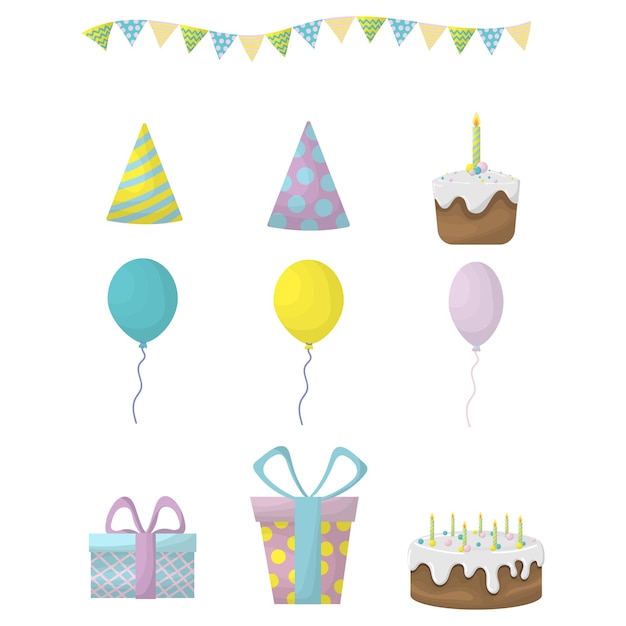 Geschenk- und Partyset auf weißem Hintergrund