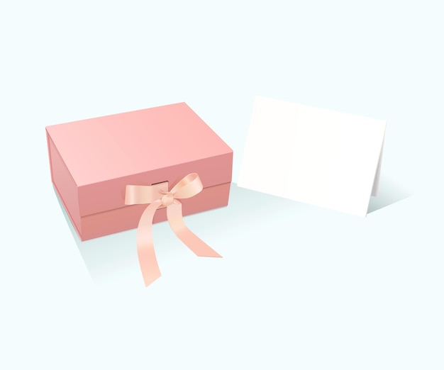 Geschenkbox-attrappe mit satinband und leerer grußkarte, rosa box mit zarter pastellfarbener schleife
