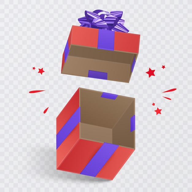 Geschenkbox mit lila schleife, quadratische geschenkbox mit schleife und schleife isoliert auf weiß, vektorformat