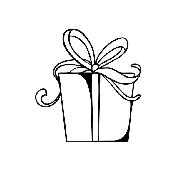 Vektor geschenkbox mit schleife, feiertag, neujahr, geburtstag, doodle, lineare cartoon-färbung