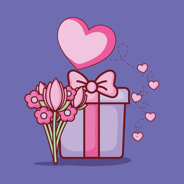 Vektor geschenkbox und blumenstrauß blumen lieben online-dating